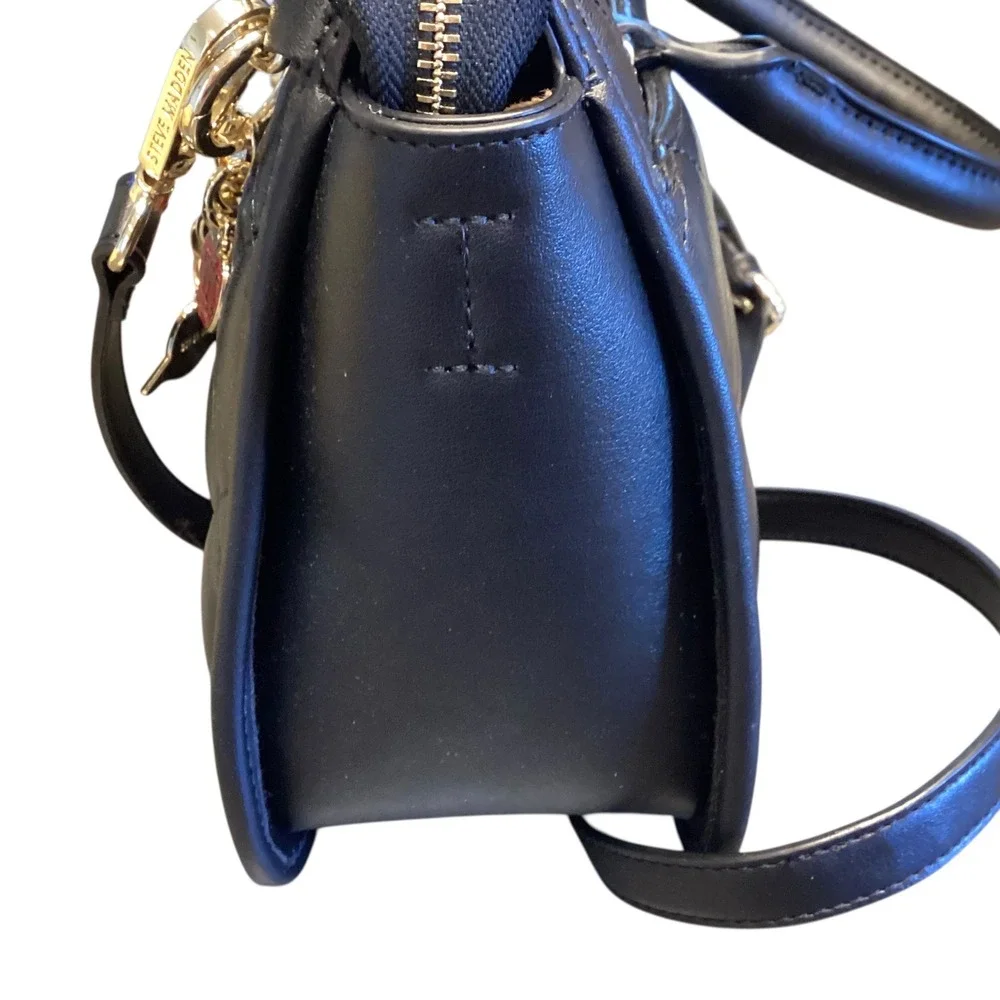 Steve Madden Sparrow Black Quilted Satchel Crossbody‎ Bag Gold Charm Chain New